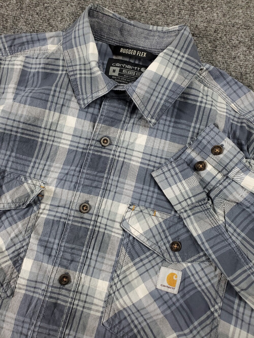 Carhartt Rugged Flex Relaxed Fit Button Down Shirt Medium Blue Gray Plaid